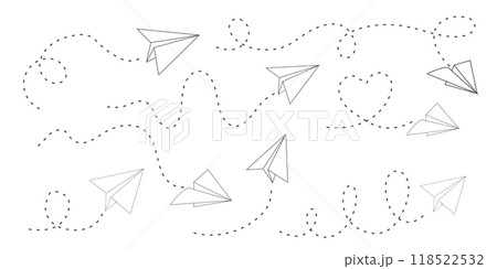Paper plane dashed line doodle sketch style drawing. Path way, follow idea. Business or travel design element. Paper aeroplane Paper plane dashed line doodle sketch style drawing. Path way, follow idea. Business or travel design element. Paper aeroplane 118522532