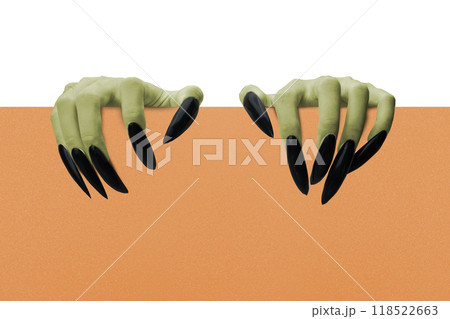 Witch hands with black nails holding a board on a white background 118522663