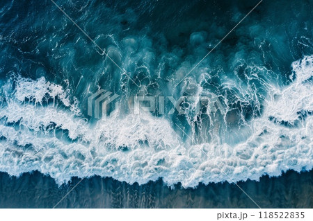 Ocean wave, top wave. Turquoise blue sea and aerial coast. Beautiful nature background. Tropical beach landscape in motion. Summer water shore 118522835