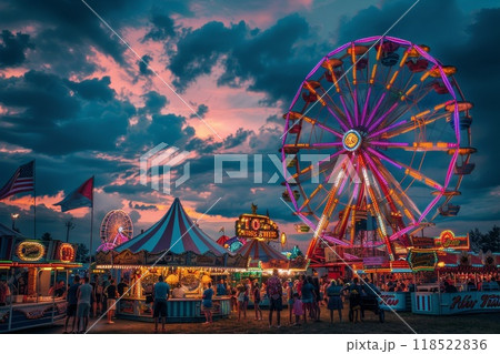 Lunapark with carousel. Fair carnival and attraction. Evening night park festival. Abstract neon fairground. Funfair recreation 118522836