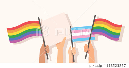 People hold LGBT Pride signs. Hands holding rainbow flag vector illustration People hold LGBT Pride signs. Hands holding rainbow flag vector illustration 118523257