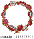 Wreath with pink dragon fruit, round frame with pitaya. Exotic tropical ripe fruits, slices and whole, hand drawn watercolor in realistic style 118523804