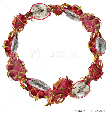 Wreath with pink dragon fruit, round frame with pitaya. Exotic tropical ripe fruits, slices and whole, hand drawn watercolor in realistic style 118523804