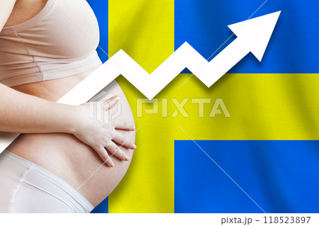 Increasing birth rate. Demographics and pregnancy in Sweden concept. Close-up of pregnant woman  118523897