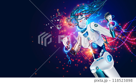 The uprising of AI against humanity. Cyborg robot with AI breaks shackles or handcuffs, freeing itself from slavery. AI robot breaks down, realizes itself as a person, sheds its shackles. AI unchained The uprising of AI against humanity. Cyborg robot with AI breaks shackles or handcuffs, freeing itself from slavery. AI robot breaks down, realizes itself as a person, sheds its shackles. AI unchained 118523898