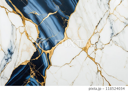 Abstract marble white, blue and gold background. Wedding invitation backdrop. 118524034