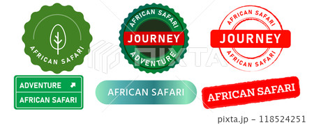 African Safari tourism destination wildlife journey stamp red green badge sticker sign design set collection African Safari tourism destination wildlife journey stamp red green badge sticker sign design set collection 118524251
