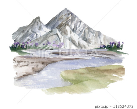 Scenery landscape of mountain range snowy peaks, fields meadow river lake swamp flowers alpine vista hand drawn in watercolor. Illustration for tourism map, resort ads, hiking camping sites, vacation. Scenery landscape of mountain range snowy peaks, fields meadow river lake swamp flowers alpine vista hand drawn in watercolor. Illustration for tourism map, resort ads, hiking camping sites, vacation. 118524372
