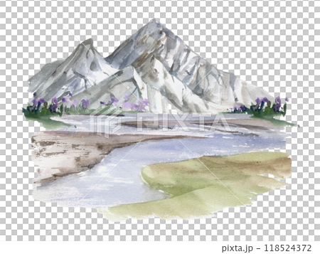 Scenery landscape of mountain range snowy peaks, fields meadow river lake swamp flowers alpine vista hand drawn in watercolor. Illustration for tourism map, resort ads, hiking camping sites, vacation. Scenery landscape of mountain range snowy peaks, fields meadow river lake swamp flowers alpine vista hand drawn in watercolor. Illustration for tourism map, resort ads, hiking camping sites, vacation. 118524372