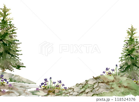 Scenery landscape of alpine vista forest meadow grassland with bushes flowers, pine spruce tree rocks hand drawn in watercolor. Horizontal frame for tourism, resort ads, hiking camping sites vacation. Scenery landscape of alpine vista forest meadow grassland with bushes flowers, pine spruce tree rocks hand drawn in watercolor. Horizontal frame for tourism, resort ads, hiking camping sites vacation. 118524376