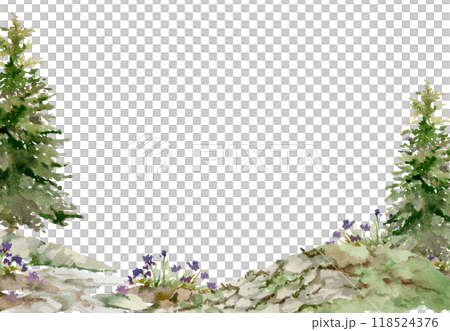 Scenery landscape of alpine vista forest meadow grassland with bushes flowers, pine spruce tree rocks hand drawn in watercolor. Horizontal frame for tourism, resort ads, hiking camping sites vacation. 118524376