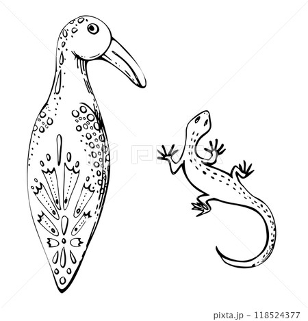 Mexican traditional porcelain wooden ceramic figurine, bird with floral ornament decoration, lizard gecko. Hand drawn ink vector isolated illustration. Design travel, vacation, gift shop brochure ads Mexican traditional porcelain wooden ceramic figurine, bird with floral ornament decoration, lizard gecko. Hand drawn ink vector isolated illustration. Design travel, vacation, gift shop brochure ads 118524377