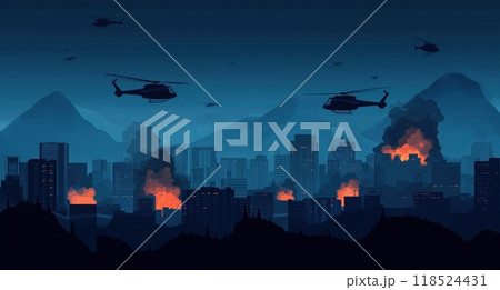 situation of destroyed city from war and aircraft flying above 118524431