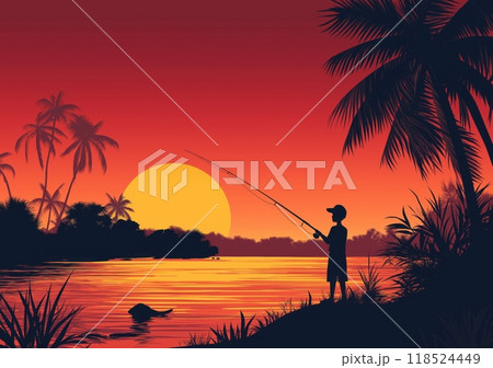 A boy hold fishing rod for food on sunset time silhouette design 118524449