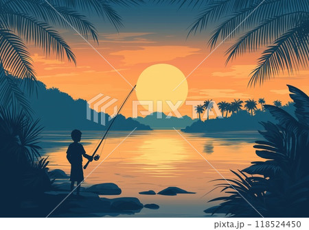 A boy hold fishing rod for food on sunset time silhouette design 118524450