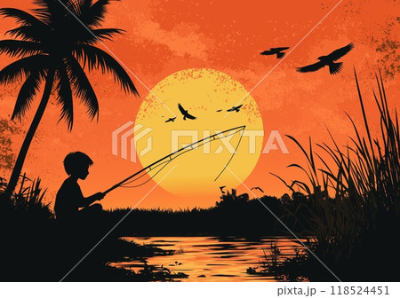 A boy hold fishing rod for food on sunset time silhouette design 118524451