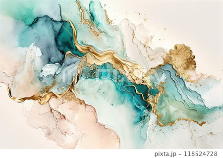 Abstract acohol ink art pastel colorful and gold background. Ai generated. 118524728