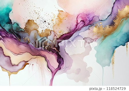 Abstract acohol ink art pastel colorful and gold background. Ai generated. 118524729