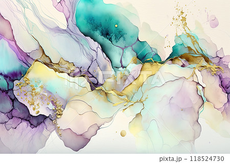 Abstract acohol ink art pastel colorful and gold background. Ai generated. 118524730