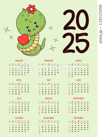 2025 annual calendar. Cute snake girl with heart. Funny kawaii character. New Year Vector vertical template 12 months in English. Week starts Sunday. 2025 year snake according to eastern calendar. 118525098