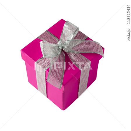 Pink gift box with silver bow and ribbon on white background Pink gift box with silver bow and ribbon on white background 118525434