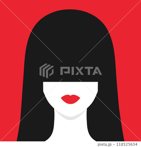 Abstract faceless woman portrait front view. Brunette female with long bangs covering her eyes. Red lips. Vector illustration 118525634