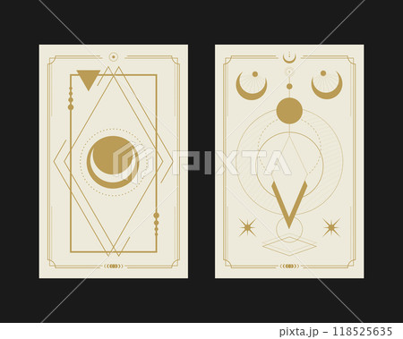 Magical tarot cards with geometric shapes, stars and crescents. Mystery, astrology, alchemy. Vector illustration 118525635