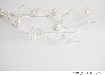 White branches with shiny pearl on white background. Christmas and New Year theme 118525788