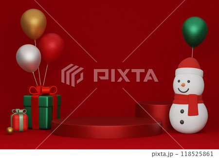 Christmas podium red background stage with balloons and gift boxes 3D graphic 118525861
