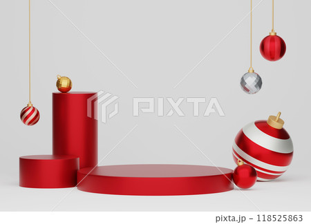 Christmas podium white background red stage and ball decorations 3D graphic Christmas podium white background red stage and ball decorations 3D graphic 118525863