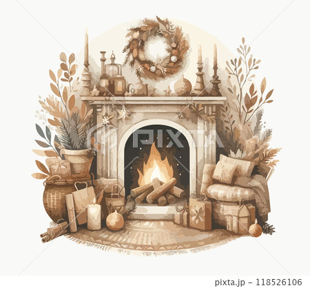 Merry Christmas and happy new year watercolor poster. Cozy Christmas fireplace. 118526106