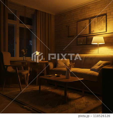 ほのかな明かりのリビングルームでくつろぐ 118526126