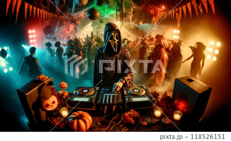 A masked DJ donning a voodoo-inspired costume captivates a room full of costumed revelers with pulsating beats under a canopy of spectral lights, igniting a mystical dance floor frenzy. A masked DJ donning a voodoo-inspired costume captivates a room full of costumed revelers with pulsating beats under a canopy of spectral lights, igniting a mystical dance floor frenzy. 118526151
