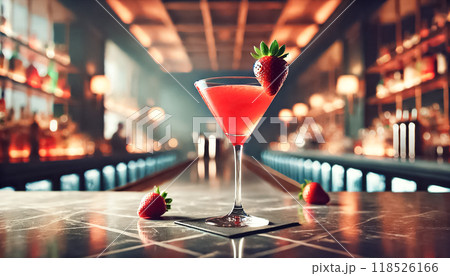The image showcases a vibrant strawberry cocktail served in a sleek martini glass, garnished with a fresh strawberry. Set on a polished marble bar, the background is softly blurred, highlighting the 118526166