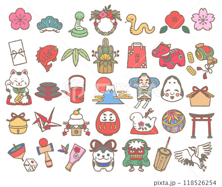 日本のお正月イラストアイコンセット　手描き線画　（巳年） 118526254