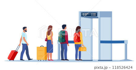 Airport security metal detectors in airport lounge. Passengers passing through scanner checkpoint gate at airport. Full body scanners. Security check gates. Airport security service. Vector. 118526424