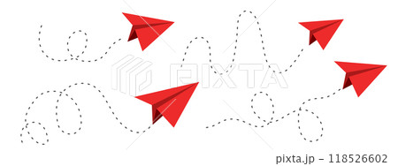 Paper plane red dashed line doodle sketch style drawing. Path way, follow idea. Business or travel design element. Paper aeroplane 118526602