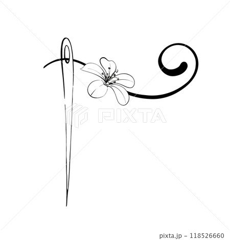 Vintage needle with thread. Sewing fashion, retro style for stitch, dressmaker, hobby and craft. With romantic flower. Graphic vector line, hand drawn, black silhouette for cricut 118526660