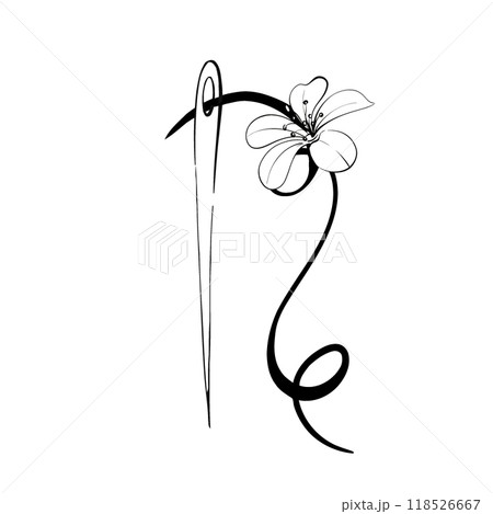 Vintage needle with thread, isolated. Sewing tool for fashion. With freesia. Retro style for stitch, dressmaker, hobby and craft. Graphic vector line, hand drawn, black silhouette for cricut Vintage needle with thread, isolated. Sewing tool for fashion. With freesia. Retro style for stitch, dressmaker, hobby and craft. Graphic vector line, hand drawn, black silhouette for cricut 118526667