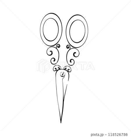 Pair of scissors in retro style, featuring decorative swirls on the handles. Black vector line graphic. Vintage sew, fashion, hobby tools for fabric, scrapbooking and textile. 118526786