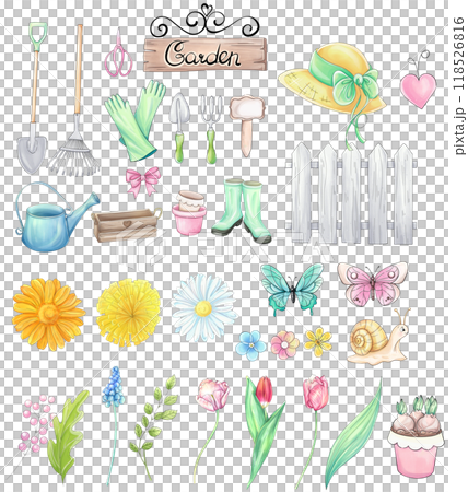Watercolor spring clipart. Garden tools with primroses - tulips, dandelion in romantic style. Springtime art for print and fabric designs Watercolor spring clipart. Garden tools with primroses - tulips, dandelion in romantic style. Springtime art for print and fabric designs 118526816
