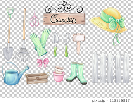 Watercolor garden tools clipart, set of inventory for gardener. Romantic springtime sketch for design 118526817