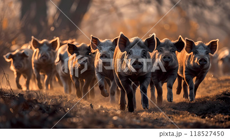 Herd of mangalica pigs on nature background  118527450