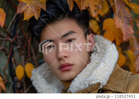 Asian male model in cozy autumn fashion amidst vibrant fall leaves. 118527451