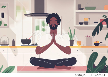 Black man meditates peacefully in kitchen surrounded by plants and healthy food Black man meditates peacefully in kitchen surrounded by plants and healthy food 118527461