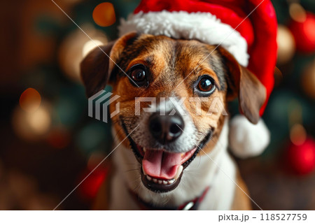 Festive Pooch: Adorable Dog in a Christmas Hat 118527759