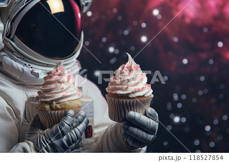 Cosmic Indulgence: Cupcakes in the Hands of an Astronaut 118527854