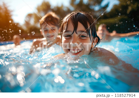 Swimming Serenity: Close-up of a Joyful Family in Pool Oasis Swimming Serenity: Close-up of a Joyful Family in Pool Oasis 118527914