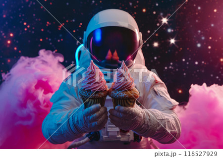 Intergalactic Snacking: Close-up of Astronaut with Cupcakes 118527929