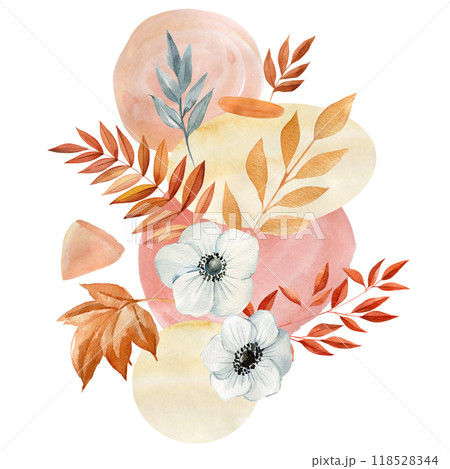 Vintage watercolor painting autumn composition abstract foliage Isolated background. Fall flora invitation card template 118528344